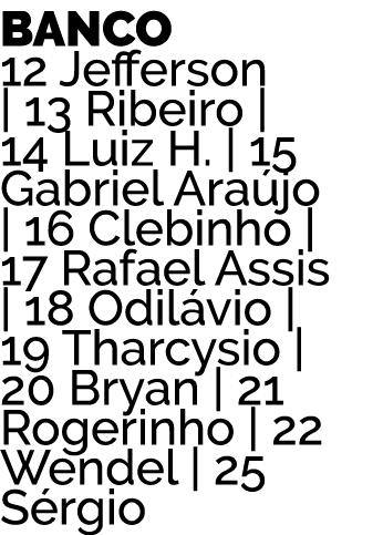 BANCO 12 Jefferson   13 Ribeiro   14 Luiz H    15  Gabriel Ara jo   16  Clebinho   17 Rafael  Assis    18  Odil vio     
