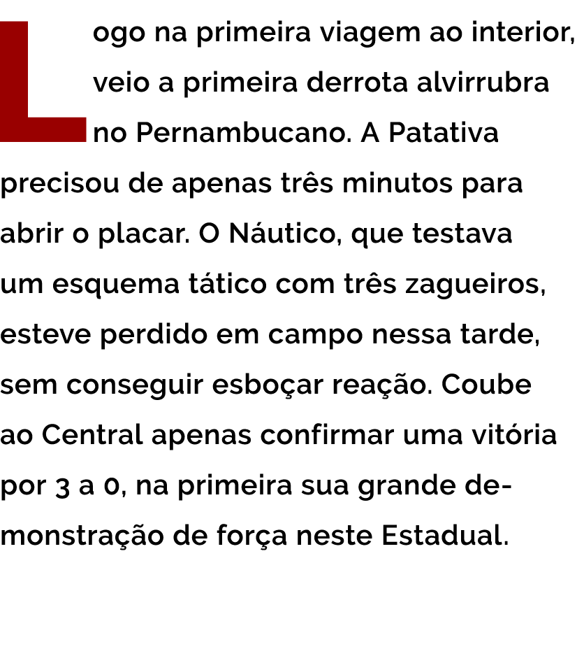 Logo na primeira viagem ao interior  veio a primeira derrota alvirrubra no Pernambucano  A Patativa precisou de apena   
