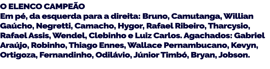 O ELENCO CAMPE O Em p   da esquerda para a direita  Bruno  Camutanga  Willian Ga cho  Negretti   Camacho  Hygor  Rafa   